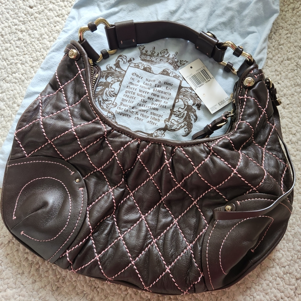 Vintage Juicy Couture Leather Handbag Satchel Y2K Brown Gold Hardware Zip Medal